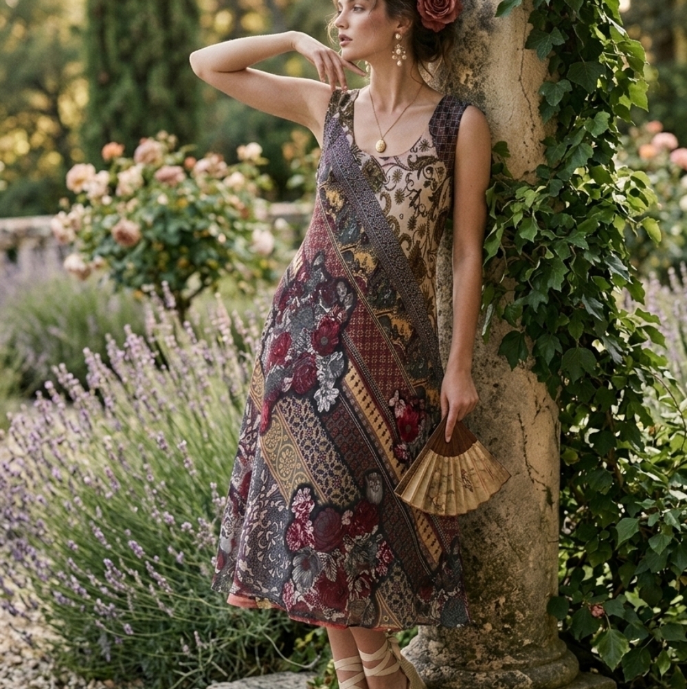 Reversible Boho Paisley & Floral Patchwork Midi Dress | Size S Flowy